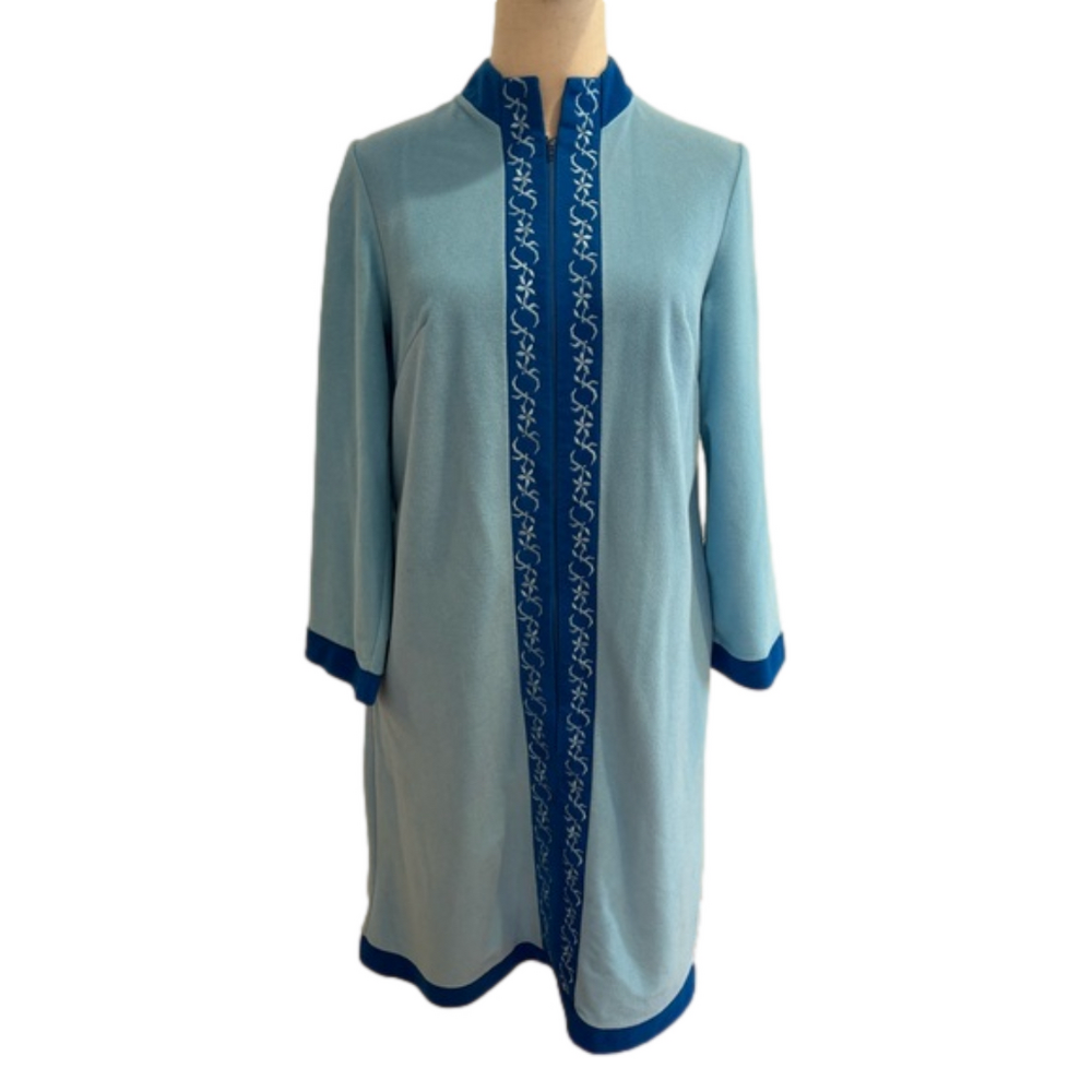 70s PLUSH VELOUR BLUE MIDI ROBE W DARK BLUE BOARDS & EMBROIDERY SEARS AT HOME 10